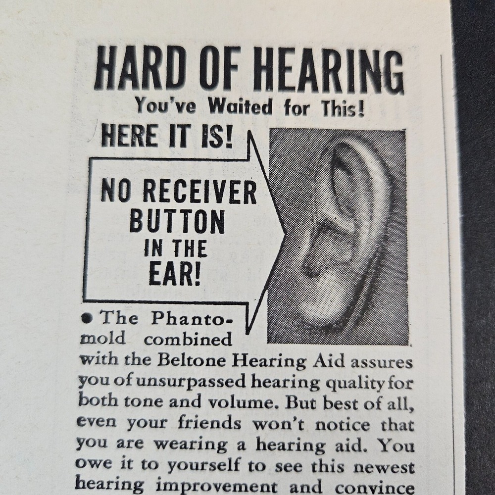 1949 Beltone Mono-Pac One-Unit Hearing Aid Vintage Print Ad Invisible Phantomold